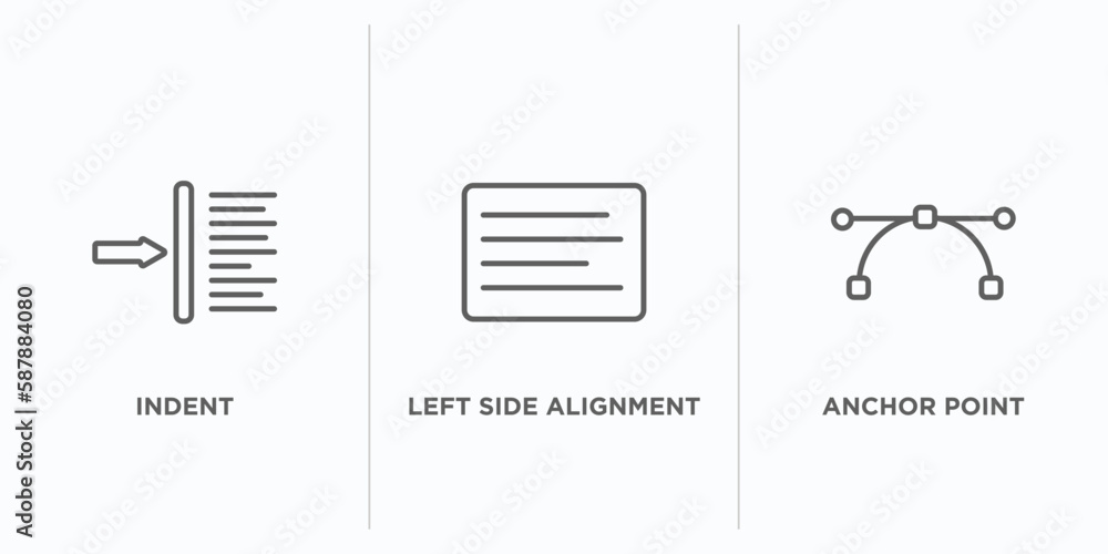 Poster user interface outline icons set. thin line icons such as indent, left side alignment, anchor point 