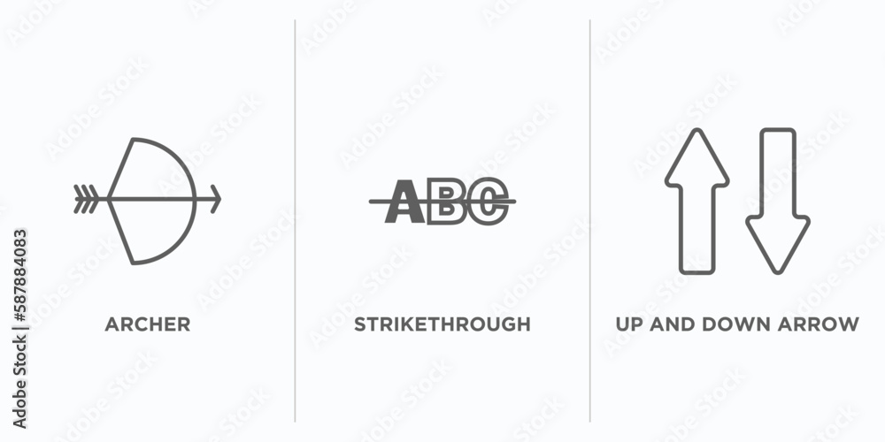 Poster user interface outline icons set. thin line icons such as archer, strikethrough, up and down arrow v