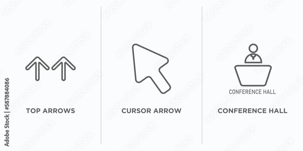 Poster user interface outline icons set. thin line icons such as top arrows, cursor arrow, conference hall 