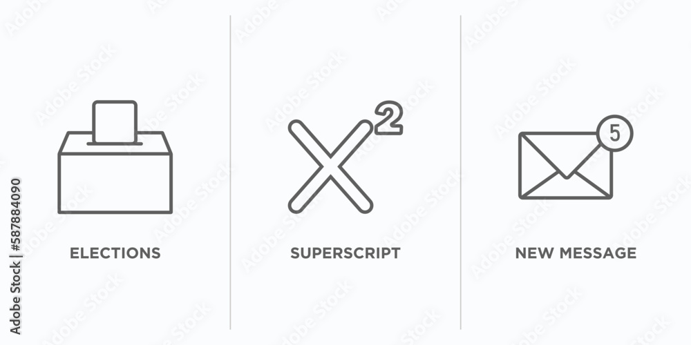 Poster user interface outline icons set. thin line icons such as elections, superscript, new message vector