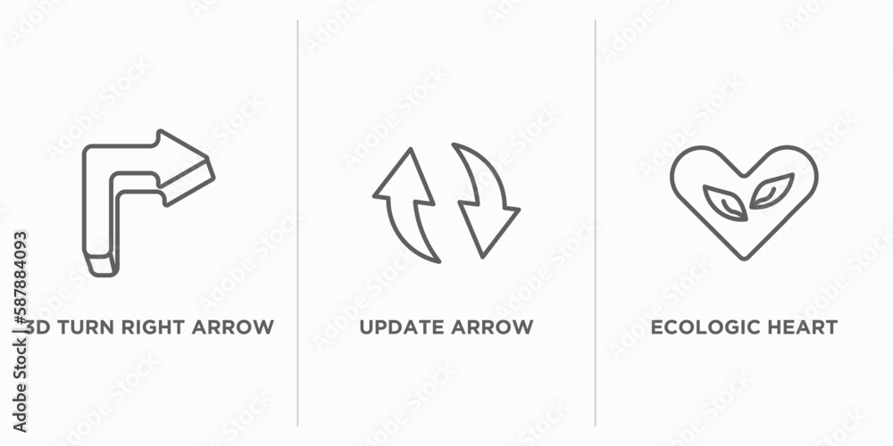 Poster user interface outline icons set. thin line icons such as 3d turn right arrow, update arrow, ecologi