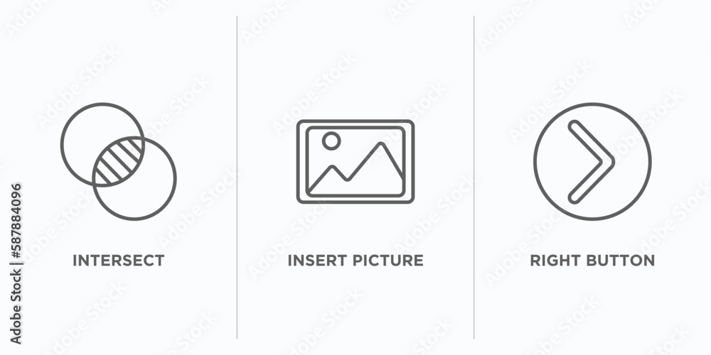 Poster user interface outline icons set. thin line icons such as intersect, insert picture, right button ve