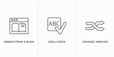 user interface outline icons set. thin line icons such as ribbon from a book, spellcheck, crossed arrows vector. linear icon sheet can be used web and mobile