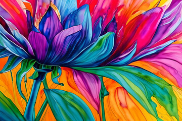 Water color or oil painting fine art illustration of abstract close up colorful nature and blooming floral. Flowers print digital art. Generative AI.