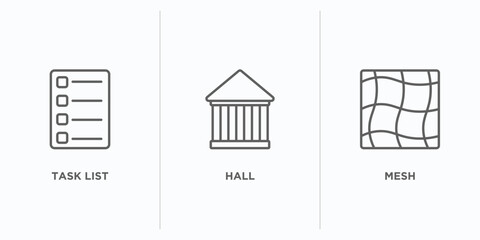 user interface outline icons set. thin line icons such as task list, hall, mesh vector. linear icon sheet can be used web and mobile