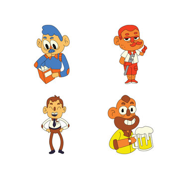 Set of funny cartoon men with beer and gift. Vector illustration.