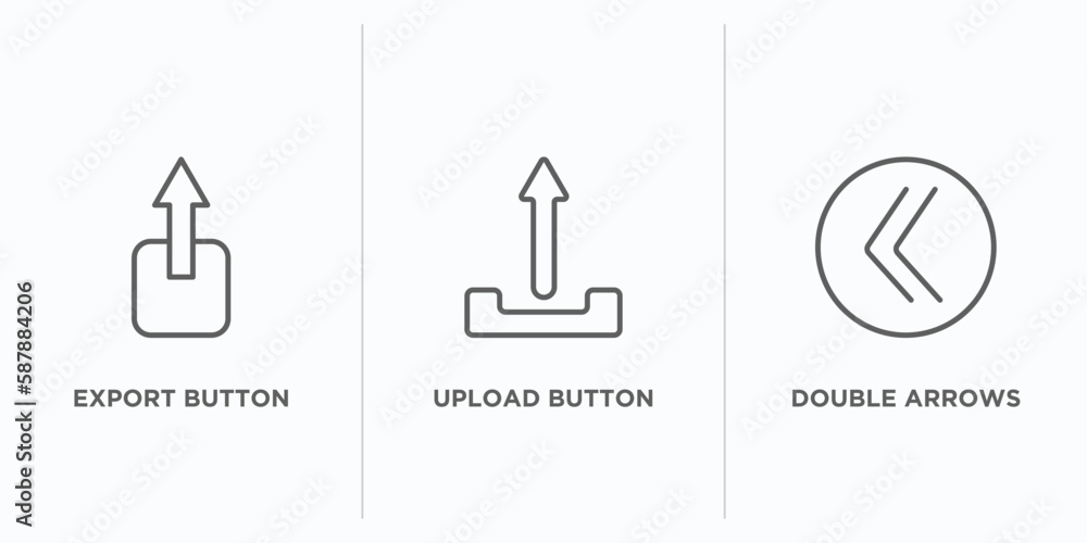 Poster user interface outline icons set. thin line icons such as export button, upload button, double arrow