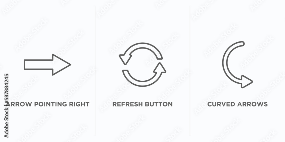 Poster user interface outline icons set. thin line icons such as arrow pointing right, refresh button, curv