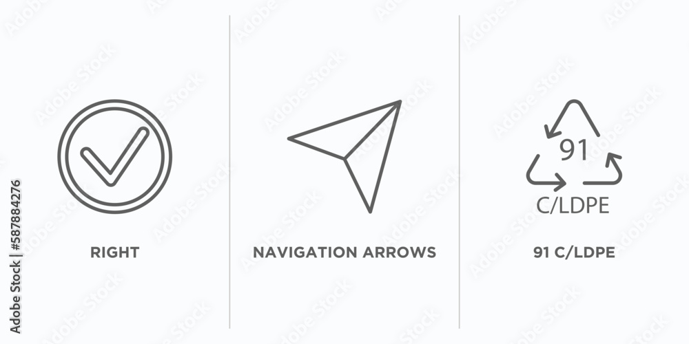 Poster user interface outline icons set. thin line icons such as right, navigation arrows, 91 c/ldpe vector