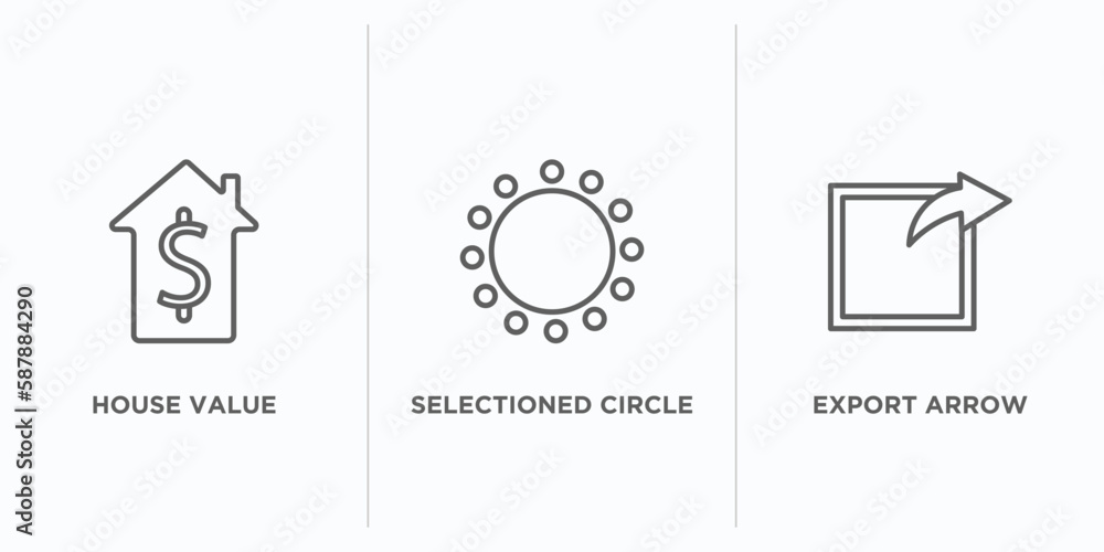 Poster user interface outline icons set. thin line icons such as house value, selectioned circle, export ar