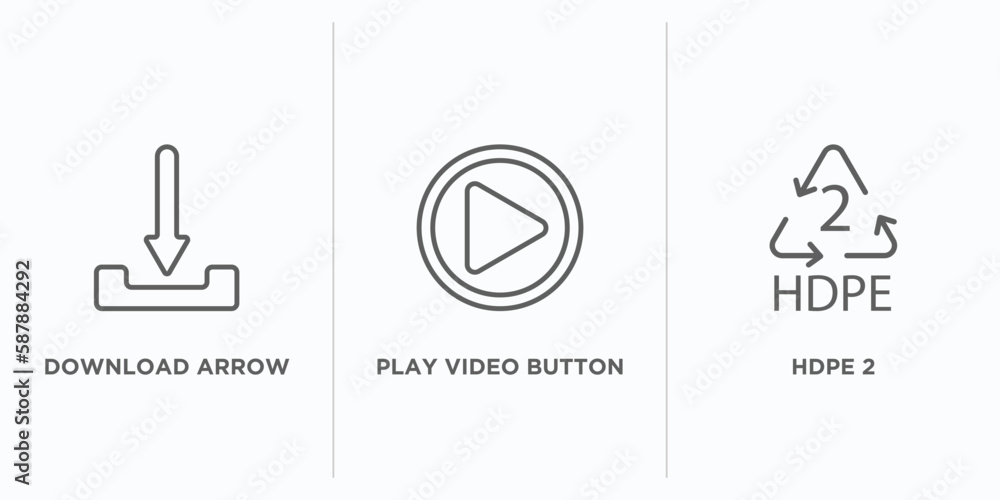 Poster user interface outline icons set. thin line icons such as download arrow, play video button, hdpe 2 
