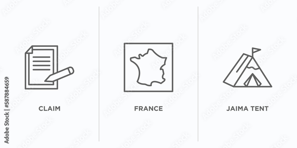 Poster travel outline icons set. thin line icons such as claim, france, jaima tent vector. linear icon shee