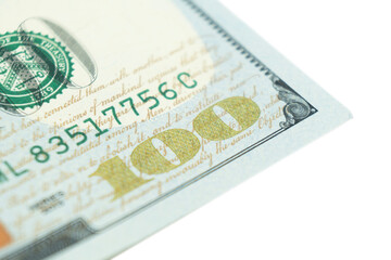 Obraz premium Macro shot image of the corner of a 100 dollar bill banknotes. Concept of financial success. Background of 100 dollar bills. One hundred dollars.