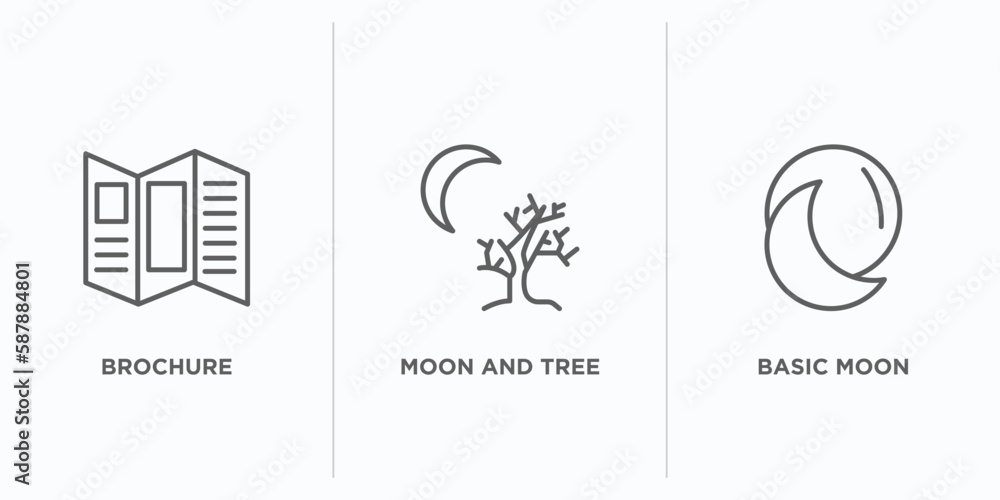 Poster travel outline icons set. thin line icons such as brochure, moon and tree, basic moon vector. linear