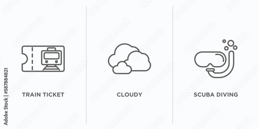 Poster travel outline icons set. thin line icons such as train ticket, cloudy, scuba diving vector. linear 