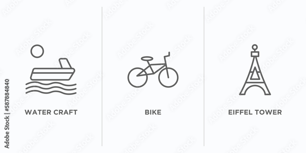 Poster travel outline icons set. thin line icons such as water craft, bike, eiffel tower vector. linear ico