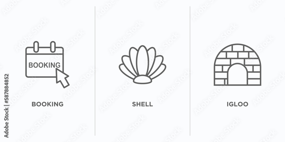 Poster travel outline icons set. thin line icons such as booking, shell, igloo vector. linear icon sheet ca
