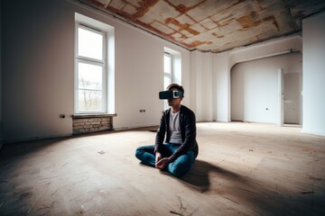 Photo of a man sitting on the floor in an empty room wearing virtual reality goggles created with Generative AI technology
