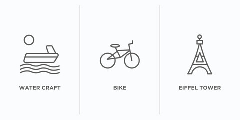 travel outline icons set. thin line icons such as water craft, bike, eiffel tower vector. linear icon sheet can be used web and mobile