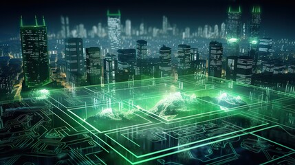 Fototapeta na wymiar Smart city on circuit board background. Futuristic cyberspace concept. Generative Ai