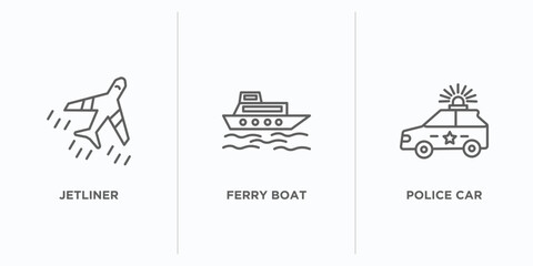Obraz premium transportation outline icons set. thin line icons such as jetliner, ferry boat, police car vector. linear icon sheet can be used web and mobile