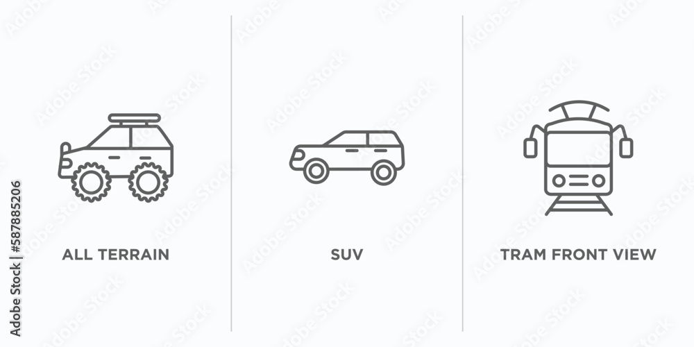Aufkleber transportation outline icons set. thin line icons such as all terrain, suv, tram front view vector. 