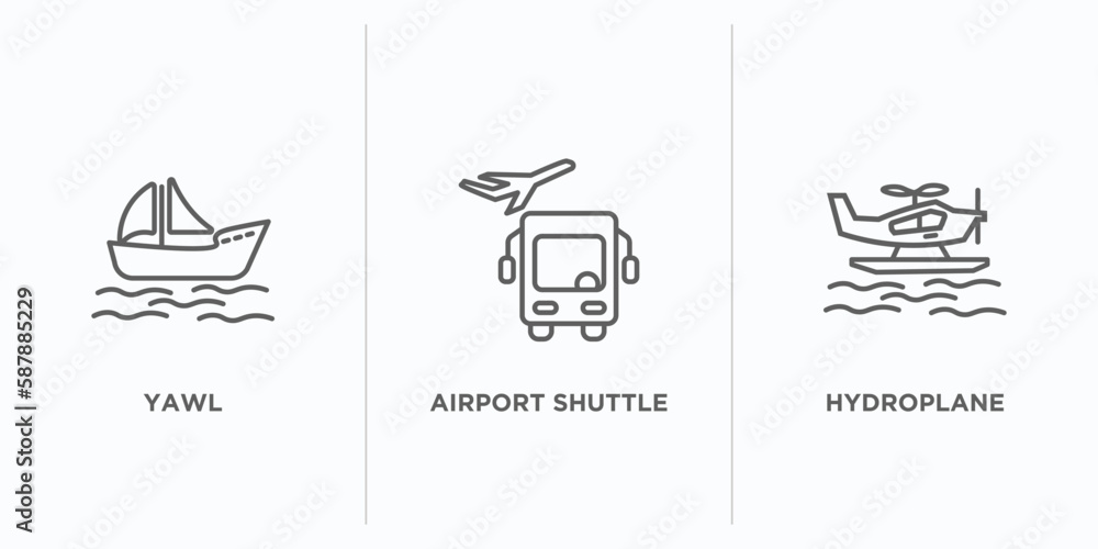 Poster transportation outline icons set. thin line icons such as yawl, airport shuttle, hydroplane vector. 