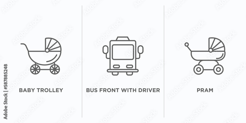 Poster transport outline icons set. thin line icons such as baby trolley, bus front with driver, pram vecto