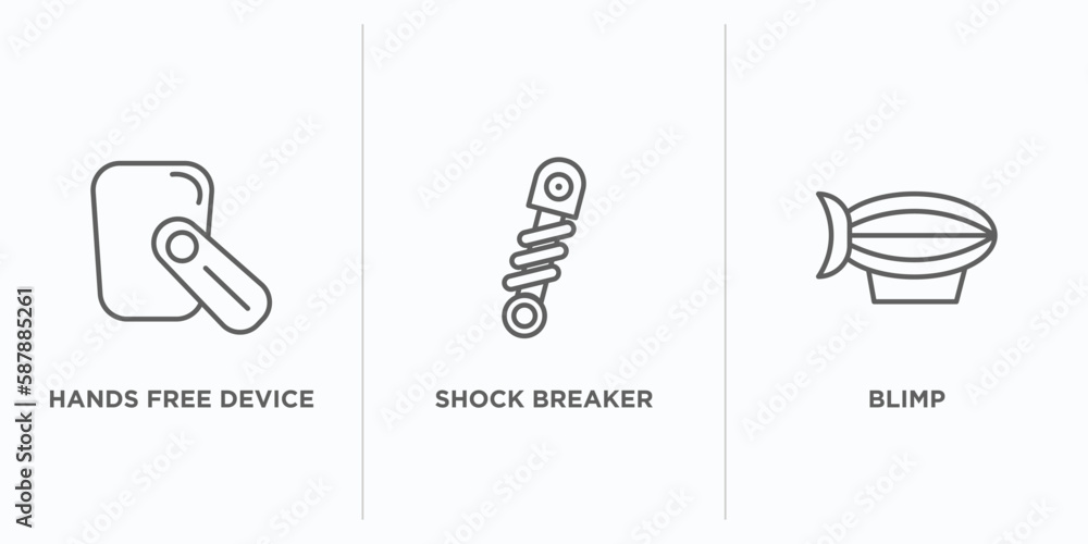 Poster transport outline icons set. thin line icons such as hands free device, shock breaker, blimp vector.