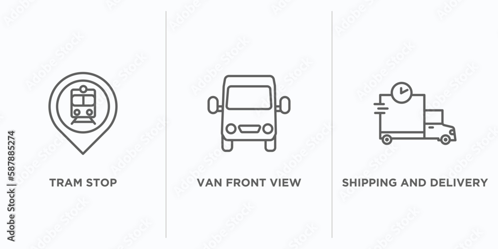 Poster transport outline icons set. thin line icons such as tram stop, van front view, shipping and deliver