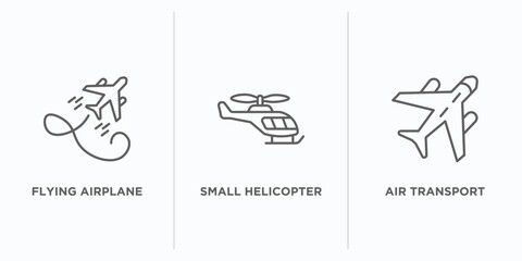 transport outline icons set. thin line icons such as flying airplane, small helicopter, air transport vector. linear icon sheet can be used web and mobile