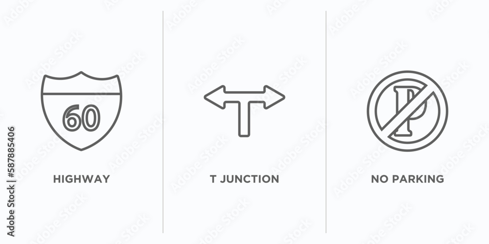 Poster traffic signs outline icons set. thin line icons such as highway, t junction, no parking vector. lin