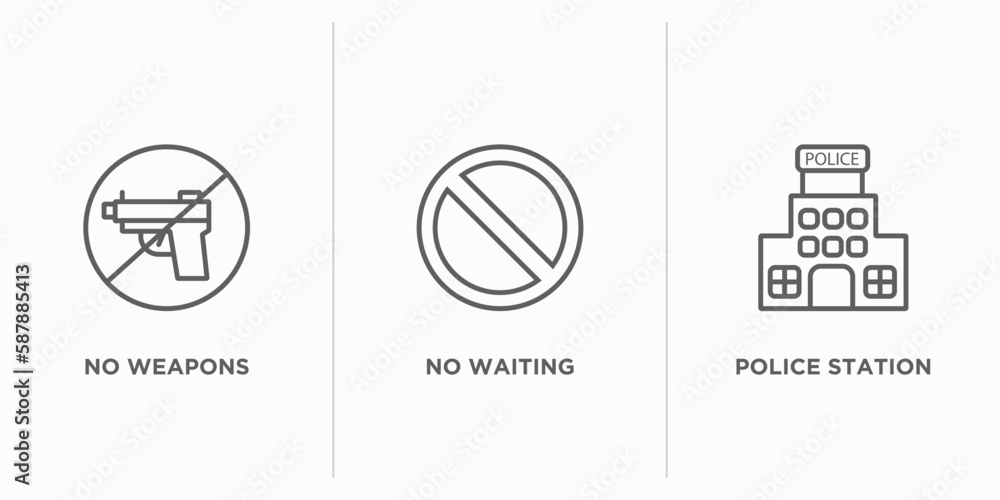 Poster traffic signs outline icons set. thin line icons such as no weapons, no waiting, police station vect