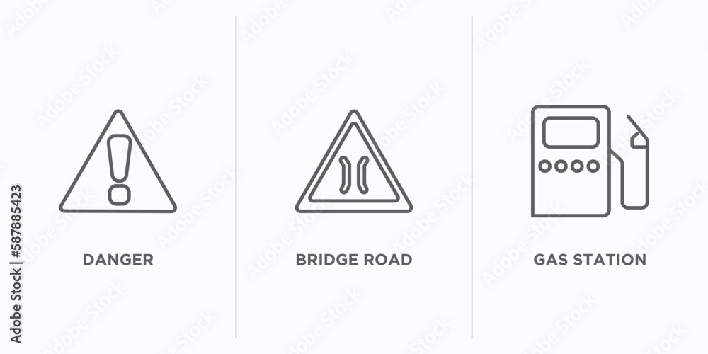 Poster traffic signs outline icons set. thin line icons such as danger, bridge road, gas station vector. li
