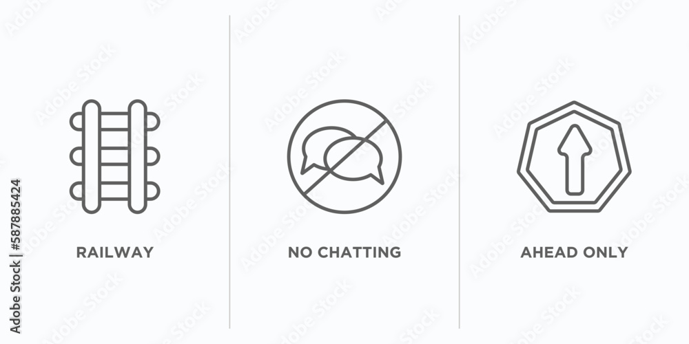 Poster traffic signs outline icons set. thin line icons such as railway, no chatting, ahead only vector. li