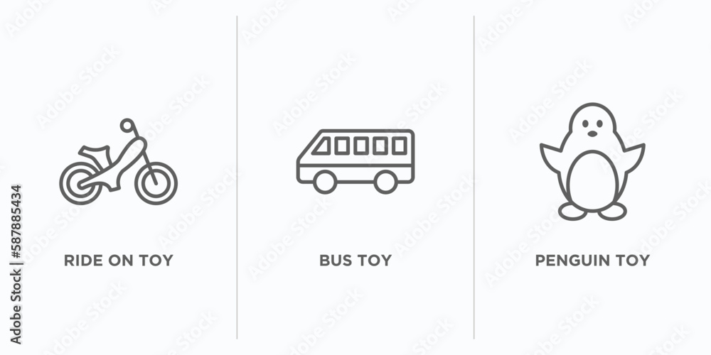 Poster toys outline icons set. thin line icons such as ride on toy, bus toy, penguin toy vector. linear ico