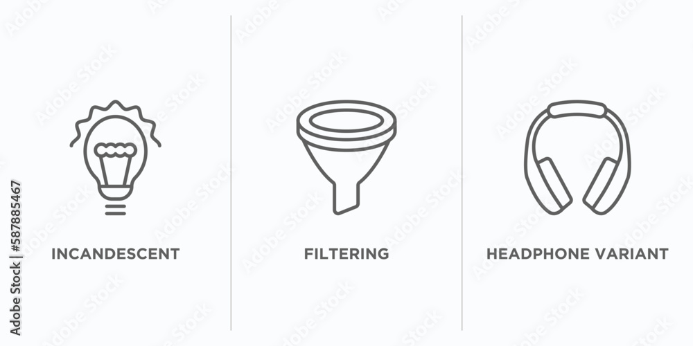 Poster tools and utensils outline icons set. thin line icons such as incandescent, filtering, headphone var