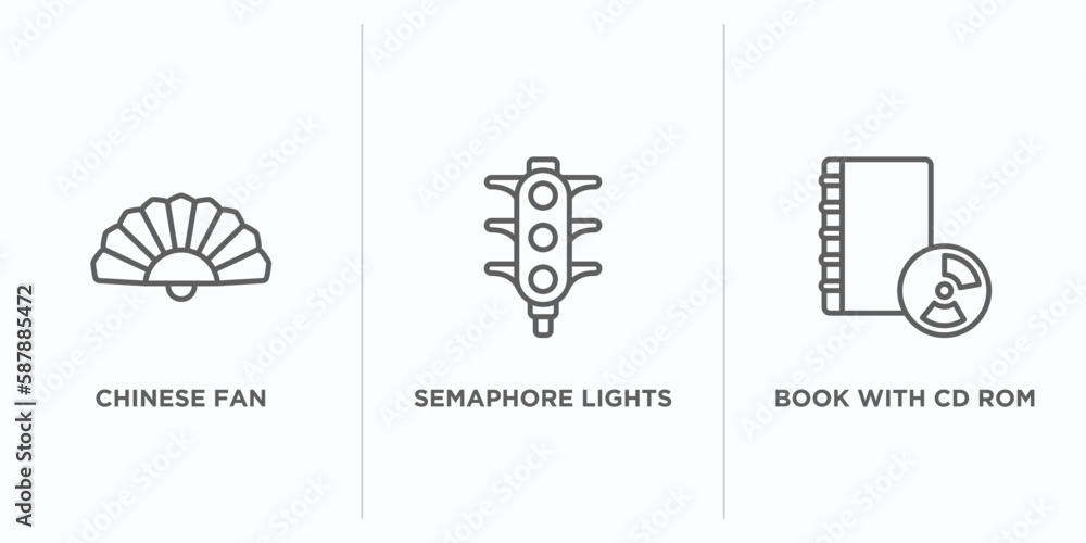 Poster tools and utensils outline icons set. thin line icons such as chinese fan, semaphore lights, book wi