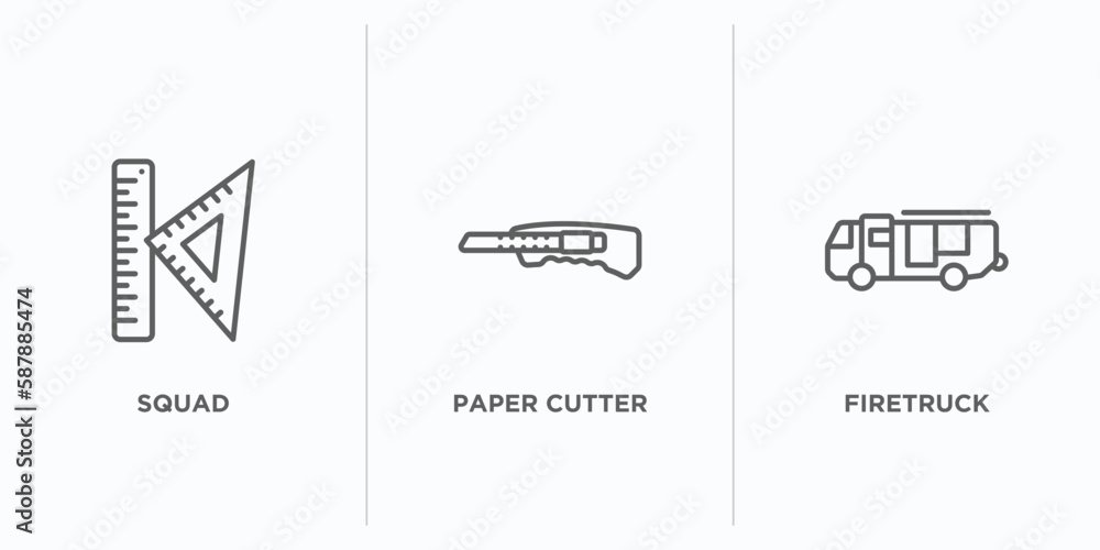 Poster tools and utensils outline icons set. thin line icons such as squad, paper cutter, firetruck vector.