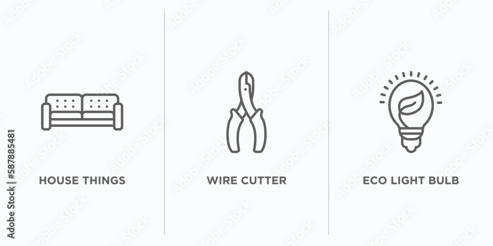 Poster tools and utensils outline icons set. thin line icons such as house things, wire cutter, eco light b