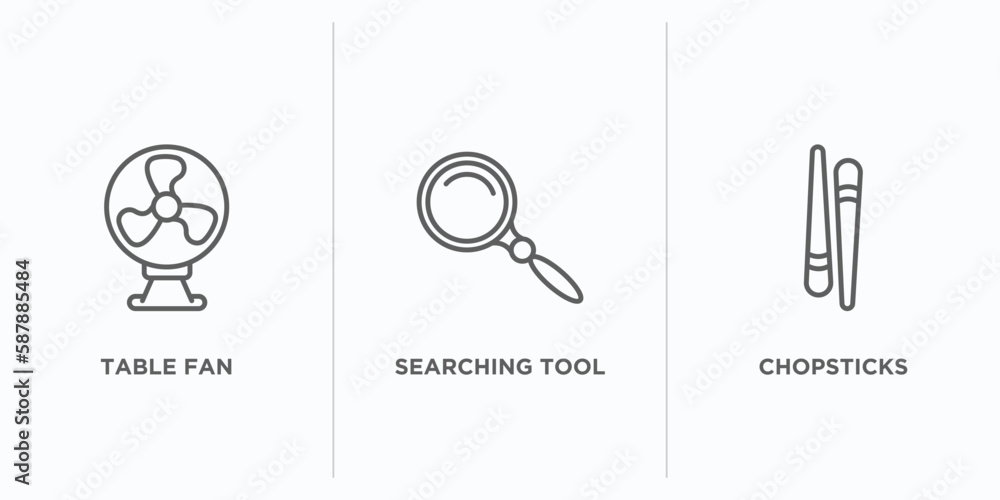 Poster tools and utensils outline icons set. thin line icons such as table fan, searching tool, chopsticks 