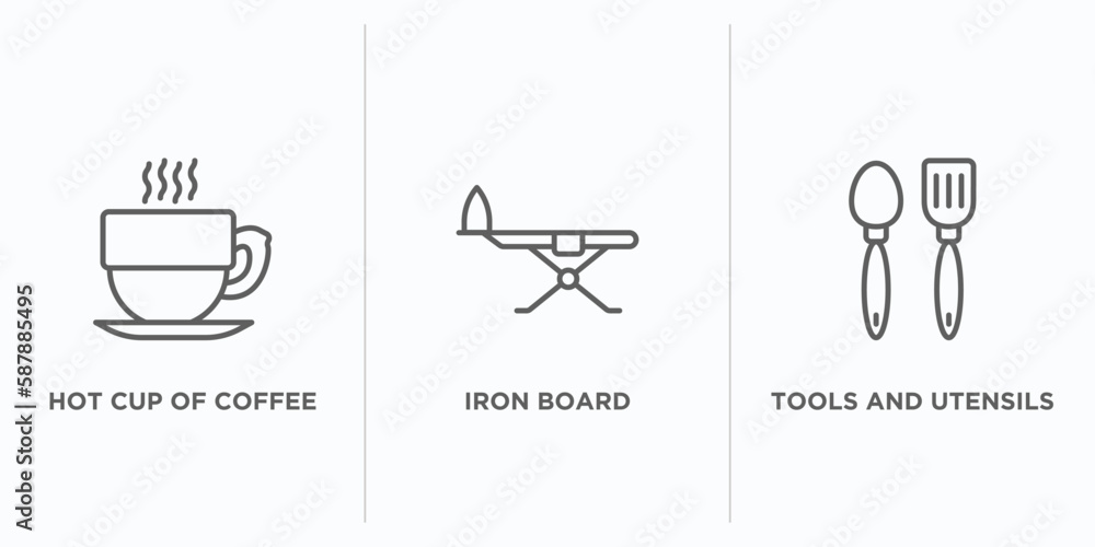 Poster tools and utensils outline icons set. thin line icons such as hot cup of coffee, iron board, tools a