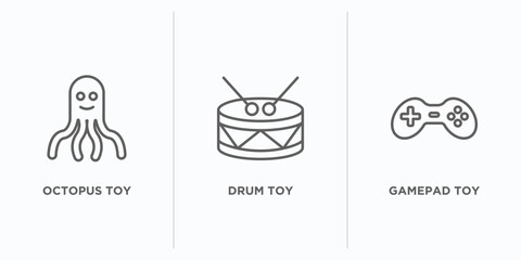 toys outline icons set. thin line icons such as octopus toy, drum toy, gamepad toy vector. linear icon sheet can be used web and mobile