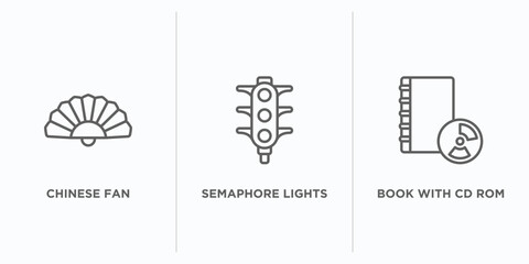 tools and utensils outline icons set. thin line icons such as chinese fan, semaphore lights, book with cd rom vector. linear icon sheet can be used web and mobile