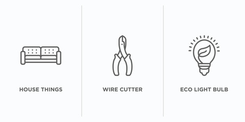 tools and utensils outline icons set. thin line icons such as house things, wire cutter, eco light bulb vector. linear icon sheet can be used web and mobile