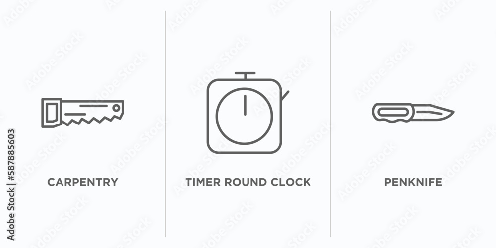 Poster tools and utensils outline icons set. thin line icons such as carpentry, timer round clock, penknife