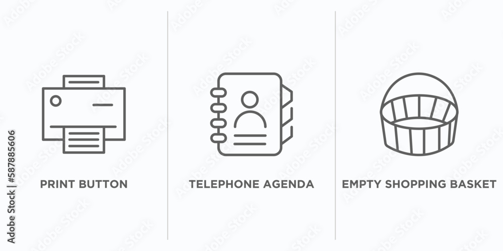 Poster tools and utensils outline icons set. thin line icons such as print button, telephone agenda, empty 