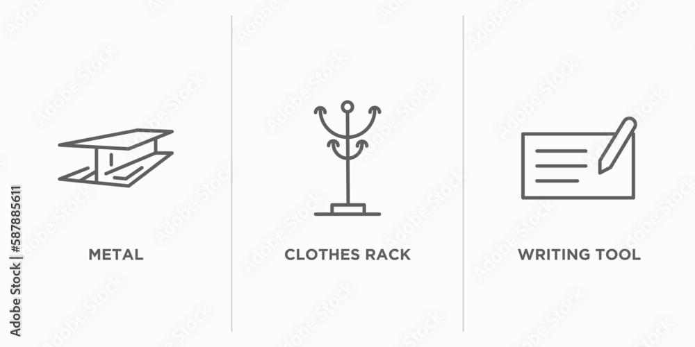 Aufkleber tools and utensils outline icons set. thin line icons such as metal, clothes rack, writing tool vect
