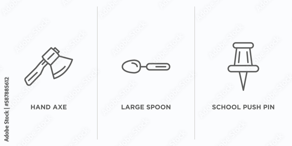 Poster tools and utensils outline icons set. thin line icons such as hand axe, large spoon, school push pin