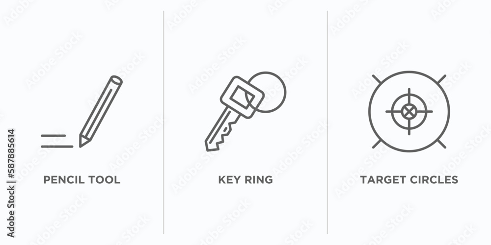 Poster tools and utensils outline icons set. thin line icons such as pencil tool, key ring, target circles 